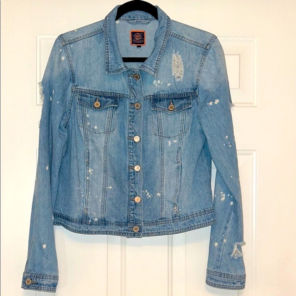Boom Boom Distressed Denim Jean Jacket LG Shredded Bleach Splatter Light Wash - Picture 1 of 12